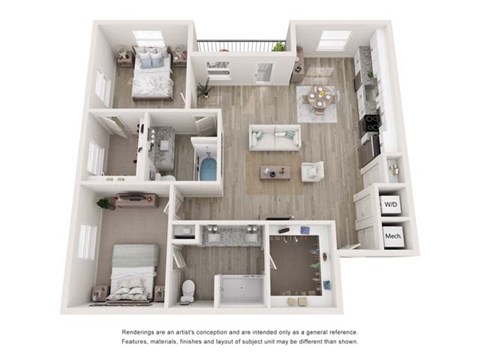 Floor plan for 2 beds, 2 baths, 1081 sqft